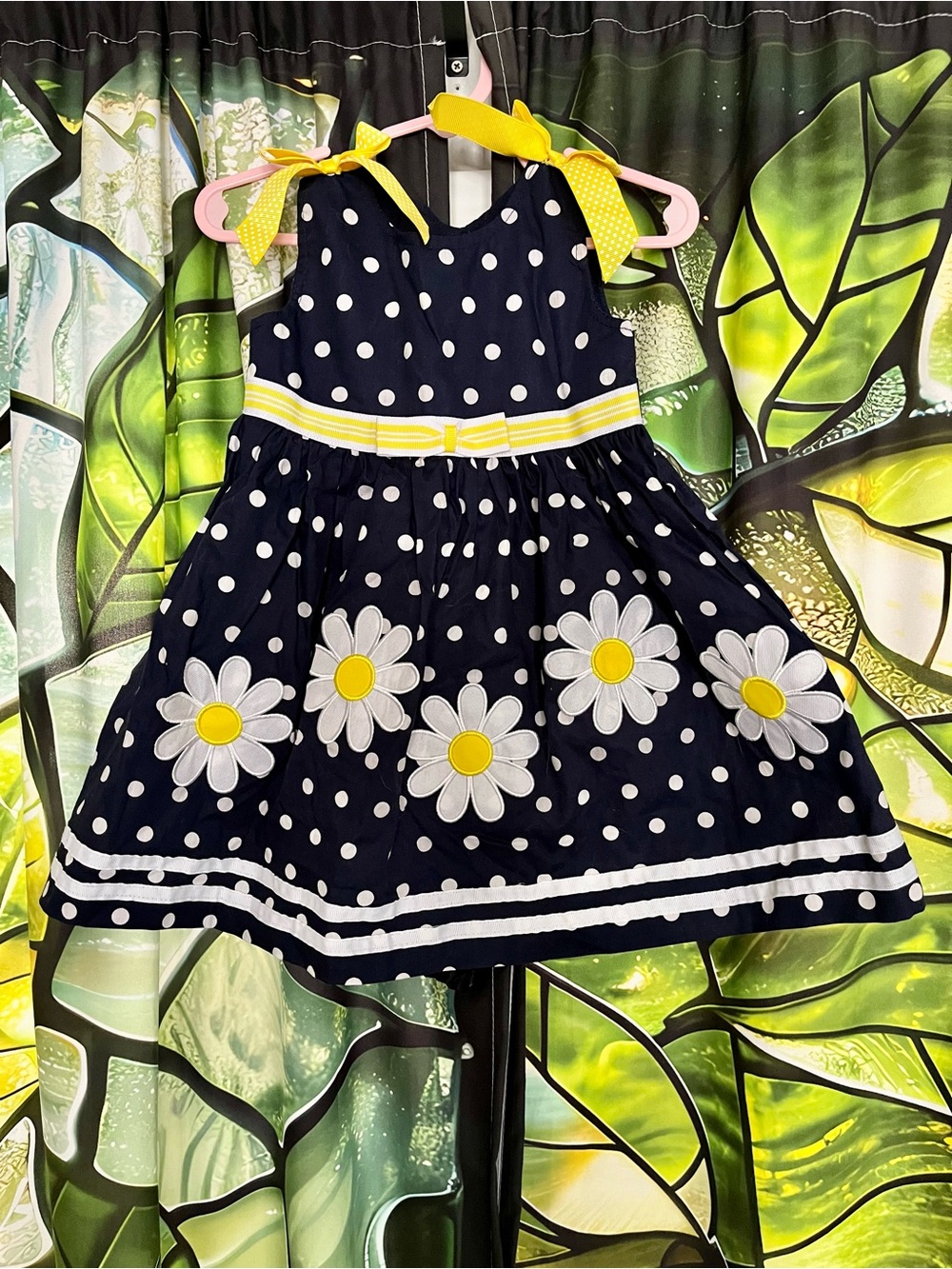 Blueberi Boulevard Navy Polka Dot Dress with Yellow Daisy Accents